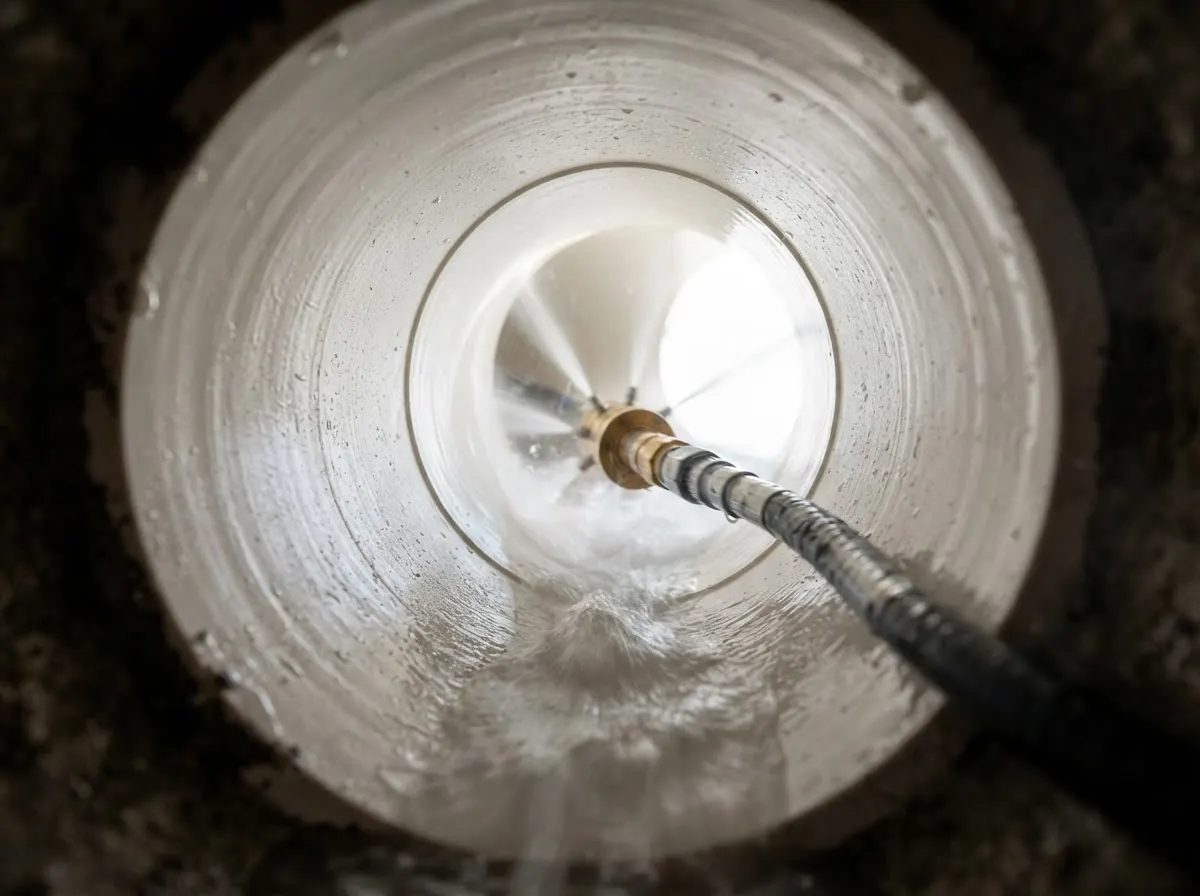 Hydro jetting hose and nozzle inside a clean drain pipe