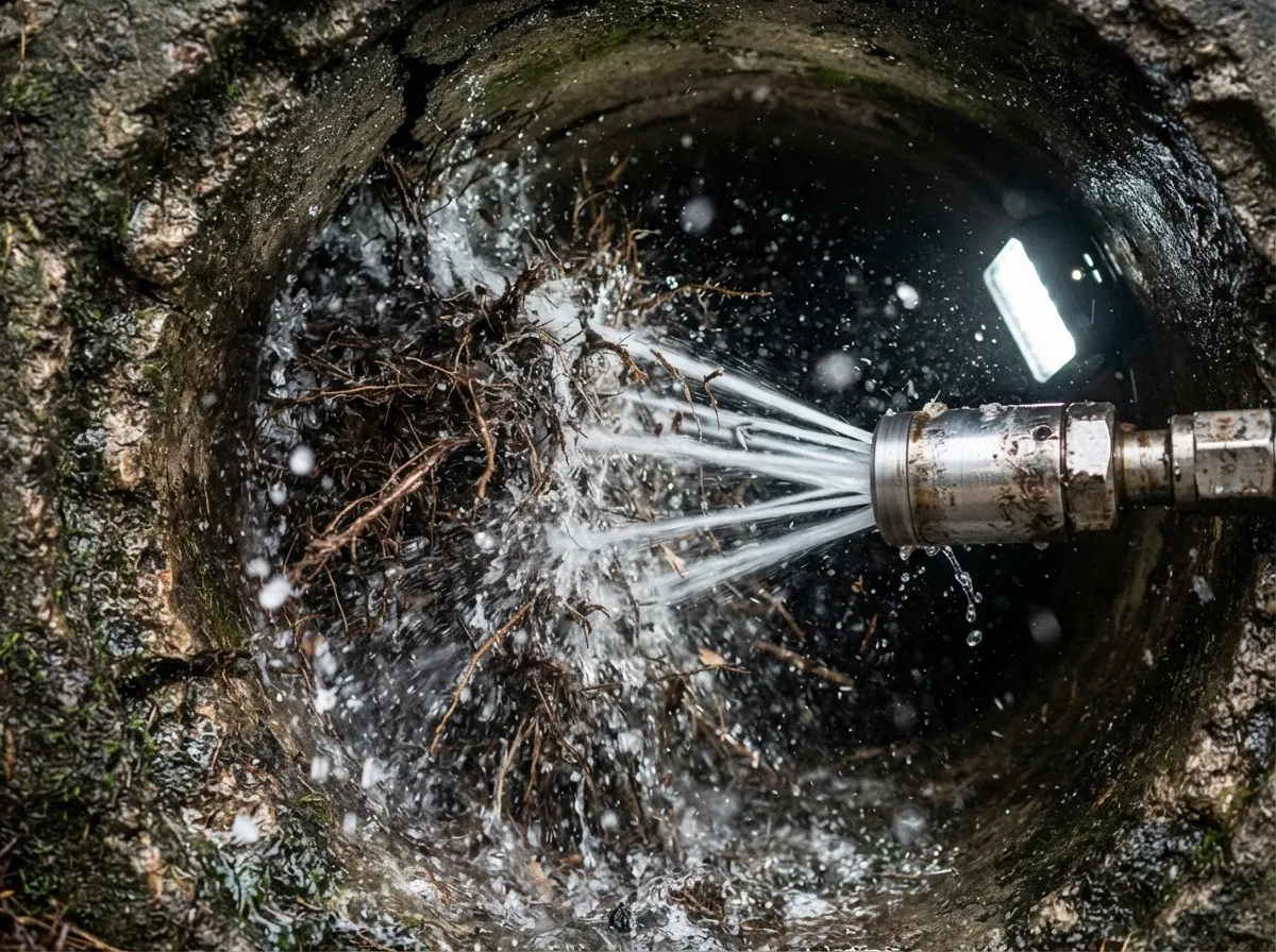Water jets working through tree roots inside a sewer pipe
